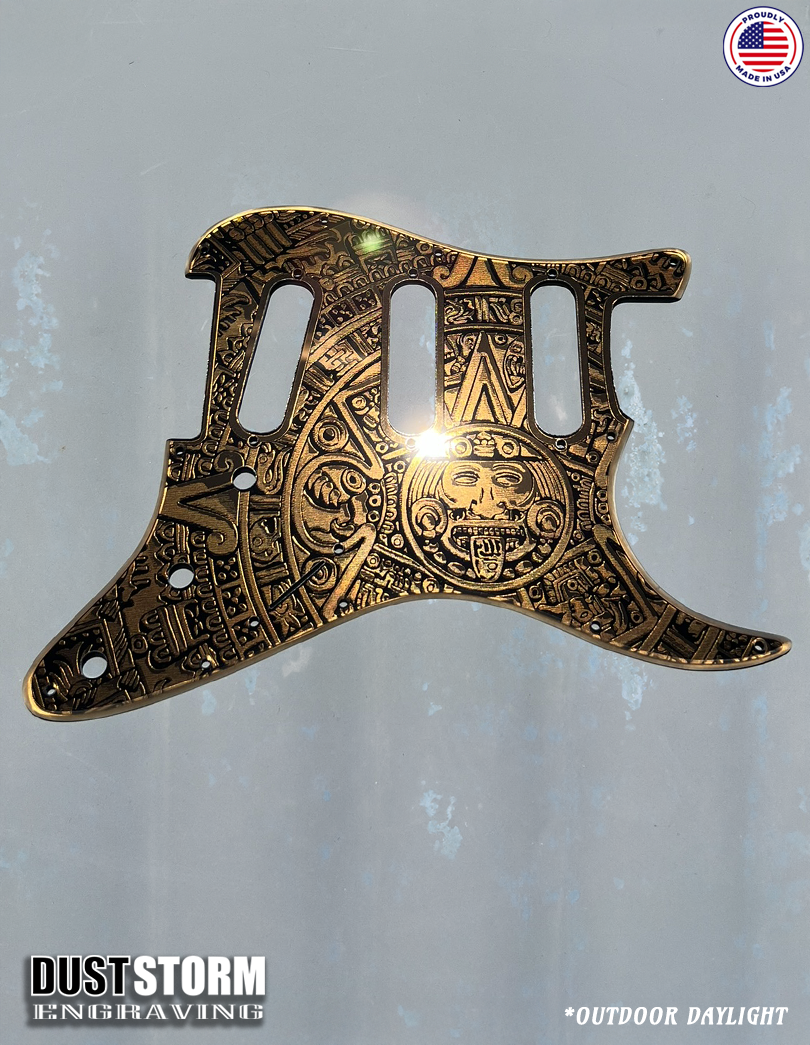 Engraved Mayan Calendar Pickguard for Fender Stratocaster & Free Tremolo Cover Dark Copper Acrylic Mirror SSS, HSS, HSH Setups Available