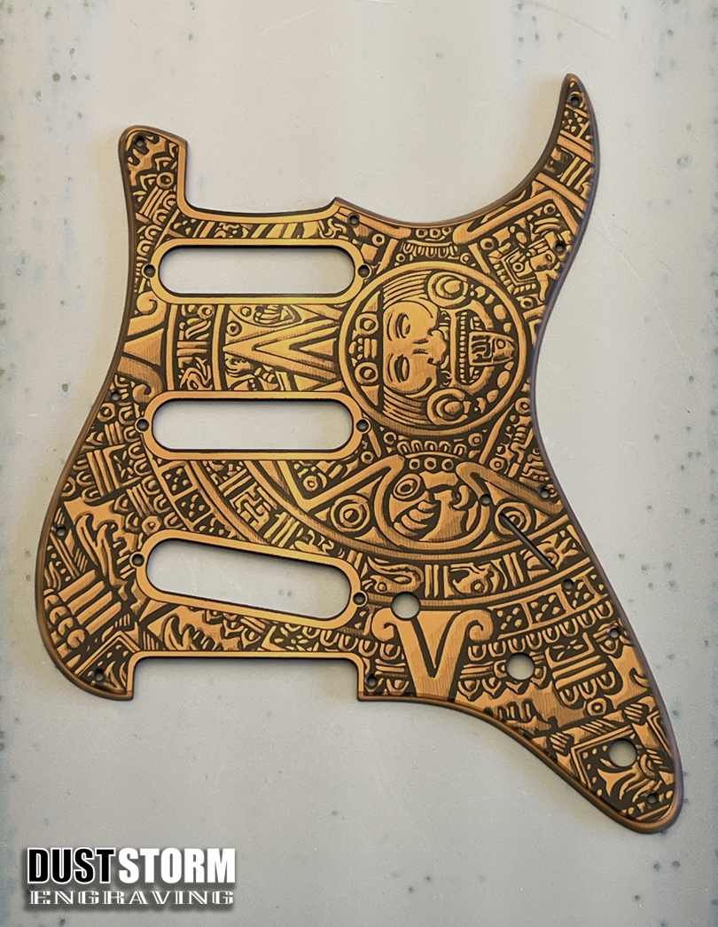 Engraved Mayan Calendar Pickguard for Fender Stratocaster & Free Tremolo Cover Dark Copper Acrylic Mirror SSS, HSS, HSH Setups Available