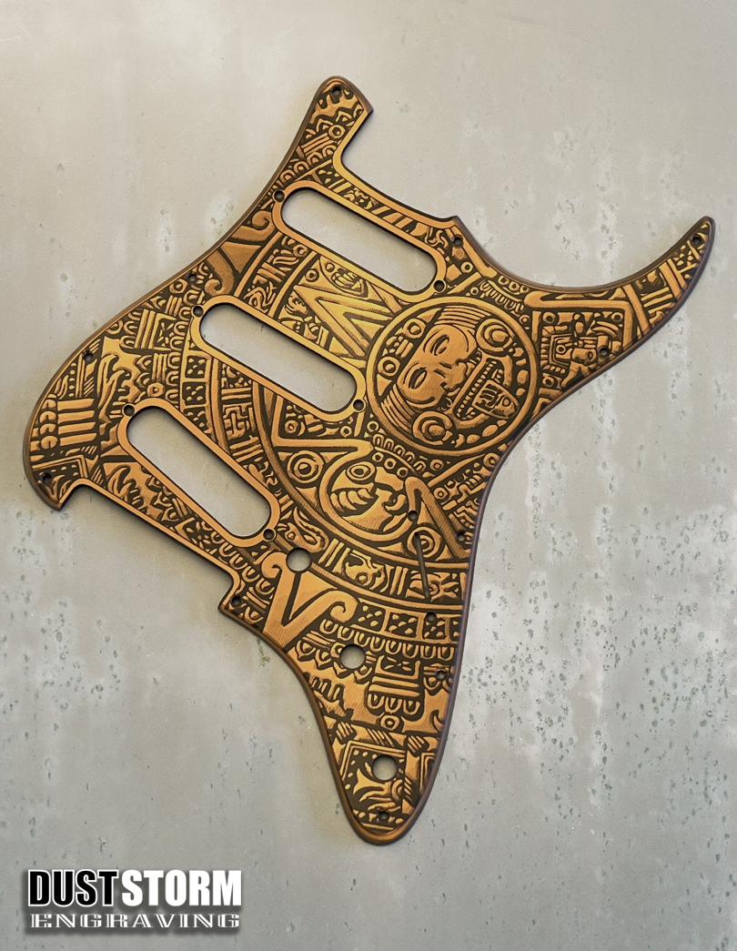 Engraved Mayan Calendar Pickguard for Fender Stratocaster & Free Tremolo Cover Dark Copper Acrylic Mirror SSS, HSS, HSH Setups Available
