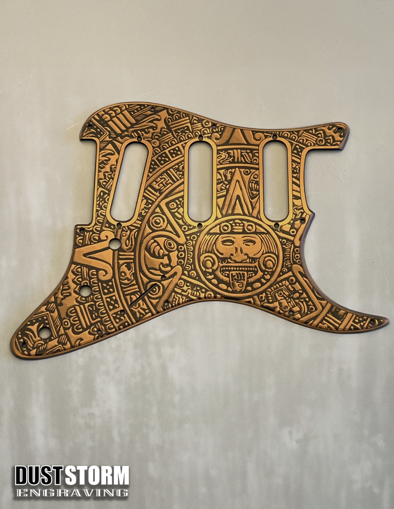 Engraved Mayan Calendar Pickguard for Fender Stratocaster & Free Tremolo Cover Dark Copper Acrylic Mirror SSS, HSS, HSH Setups Available