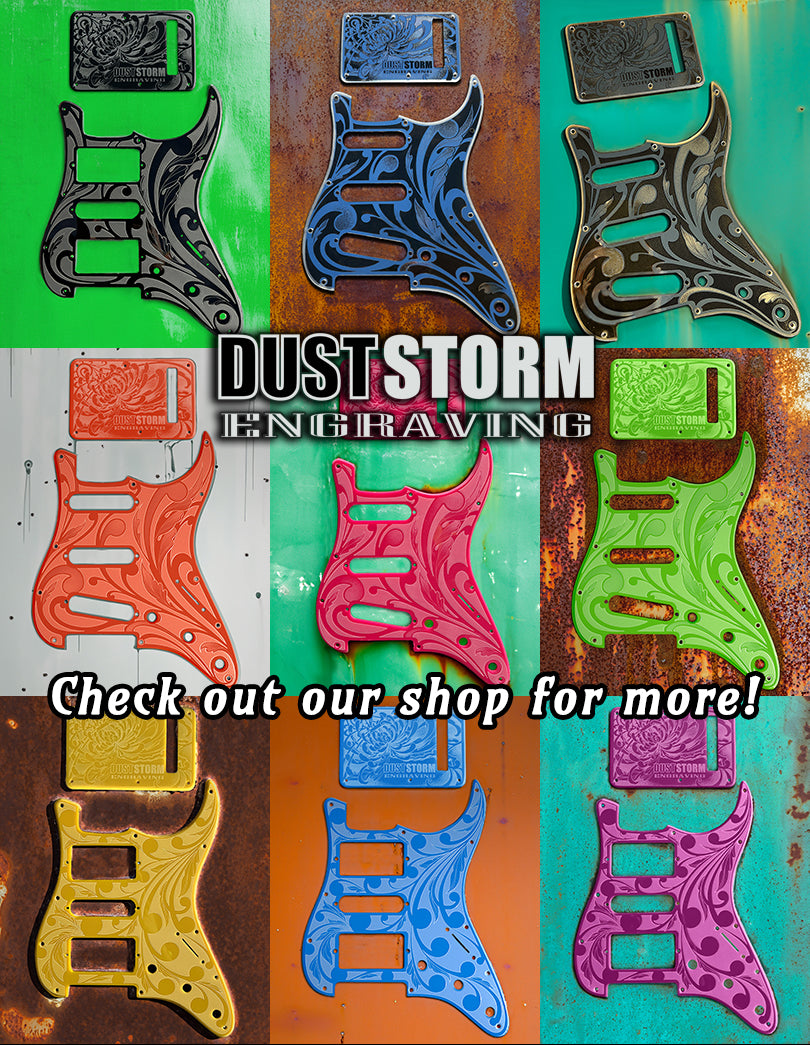 Glossy Black XGP Stratocaster Style Laser Engraved Guitar Body with Cherry Wood Veneer Pickguard and Tremolo Cover HSH, HSS, SSS Setups Available