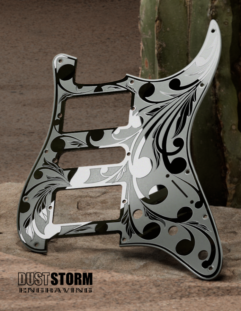 Engraved Pickguard & Free Tremolo Cover in Glossy Acrylic Black Design #2 for Fender Stratocaster HSH, HSS, SSS Setups Available