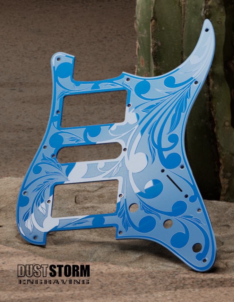 Engraved Pickguard & Free Tremolo Cover in Glossy Acrylic 10 Solid Color Choices Design #2 for Fender Stratocaster HSH, HSS, SSS Setups Available