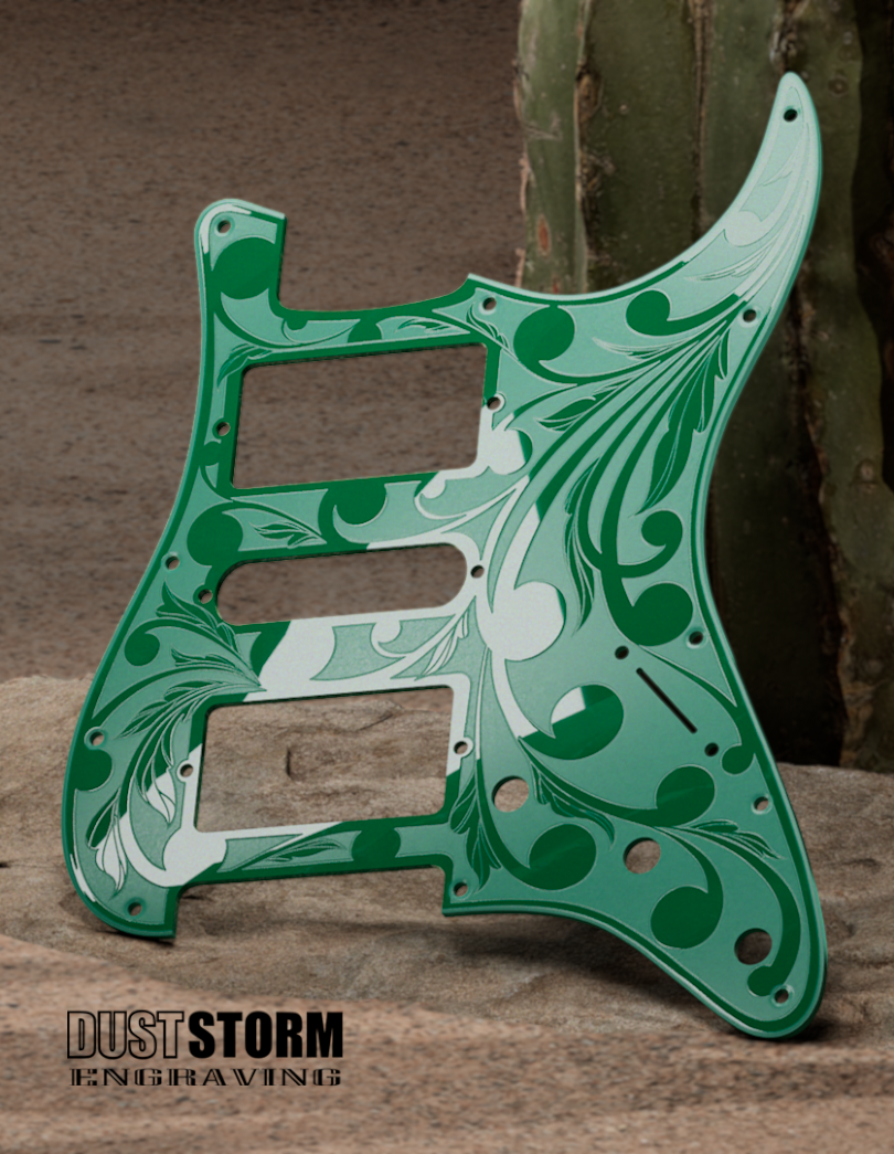 Engraved Pickguard & Free Tremolo Cover in Glossy Acrylic 10 Solid Color Choices Design #2 for Fender Stratocaster HSH, HSS, SSS Setups Available