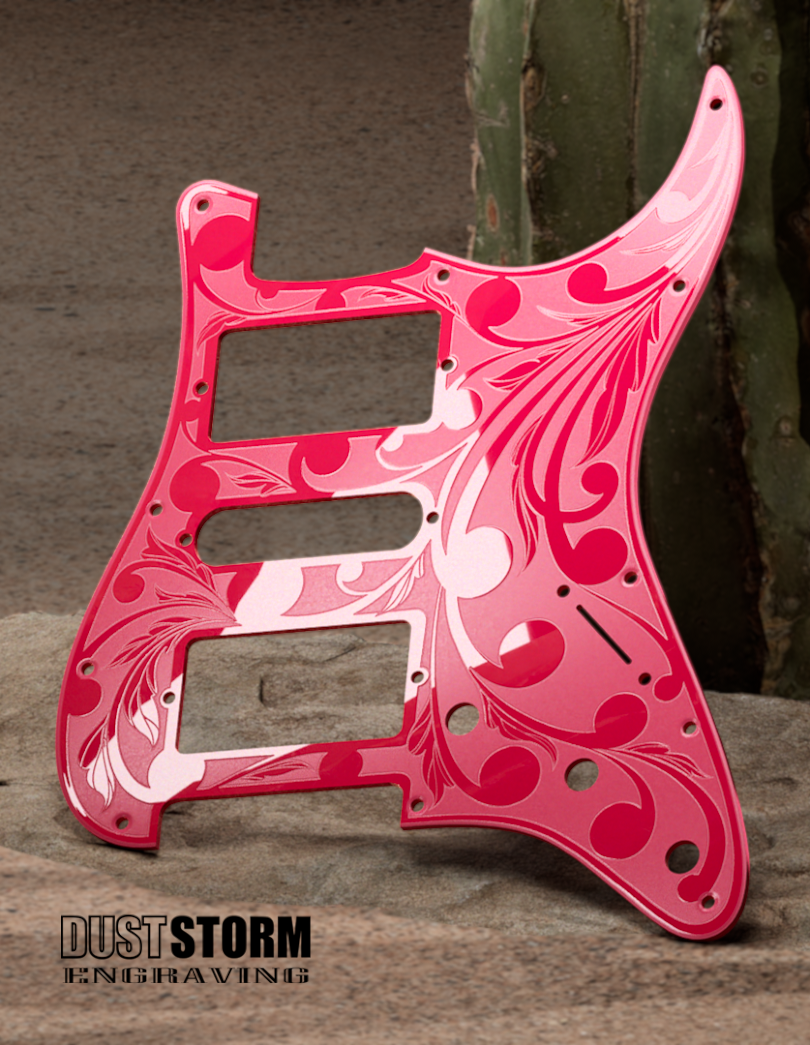 Engraved Pickguard & Free Tremolo Cover in Glossy Acrylic 10 Solid Color Choices Design #2 for Fender Stratocaster HSH, HSS, SSS Setups Available