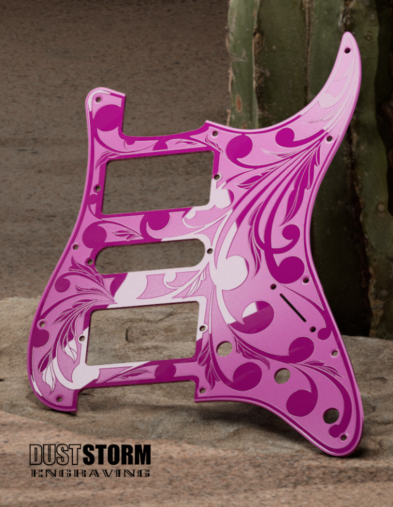 Engraved Pickguard & Free Tremolo Cover in Glossy Acrylic 10 Solid Color Choices Design #2 for Fender Stratocaster HSH, HSS, SSS Setups Available