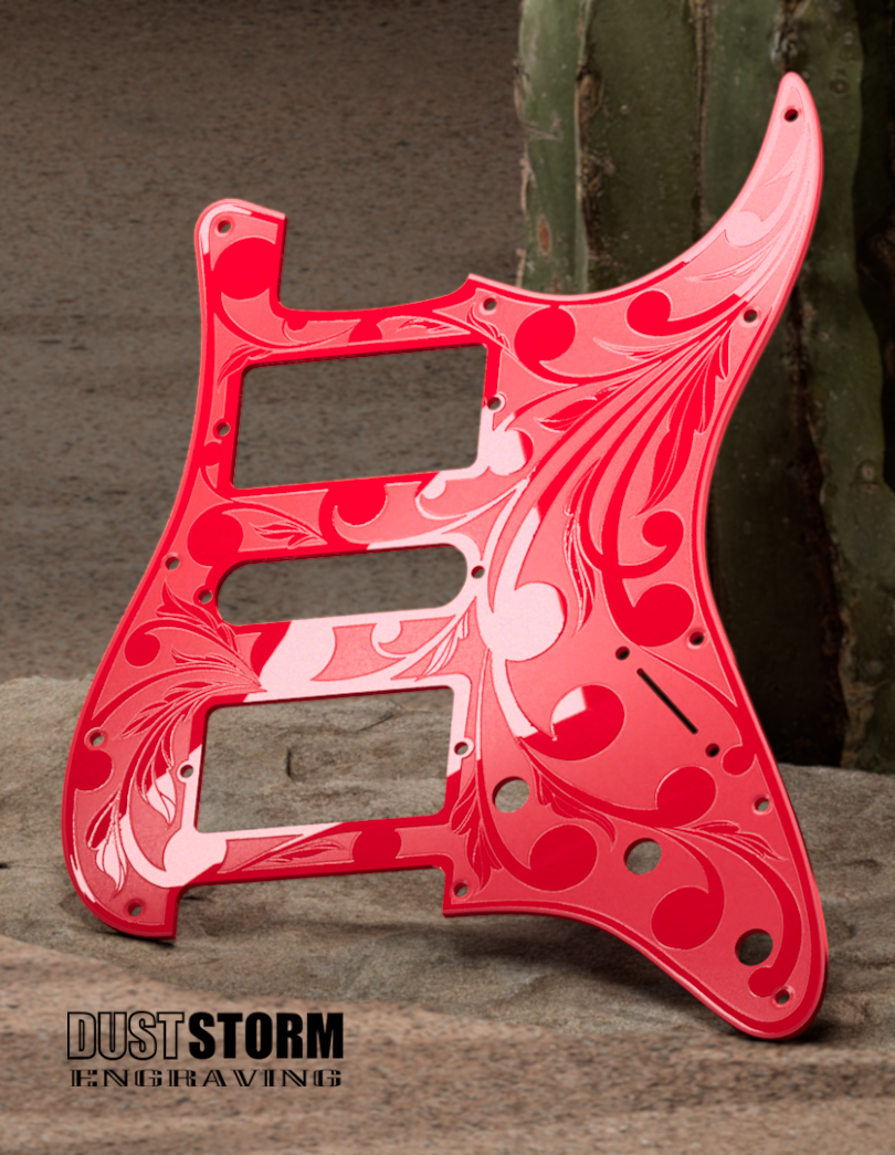 Engraved Pickguard & Free Tremolo Cover in Glossy Acrylic 10 Solid Color Choices Design #2 for Fender Stratocaster HSH, HSS, SSS Setups Available