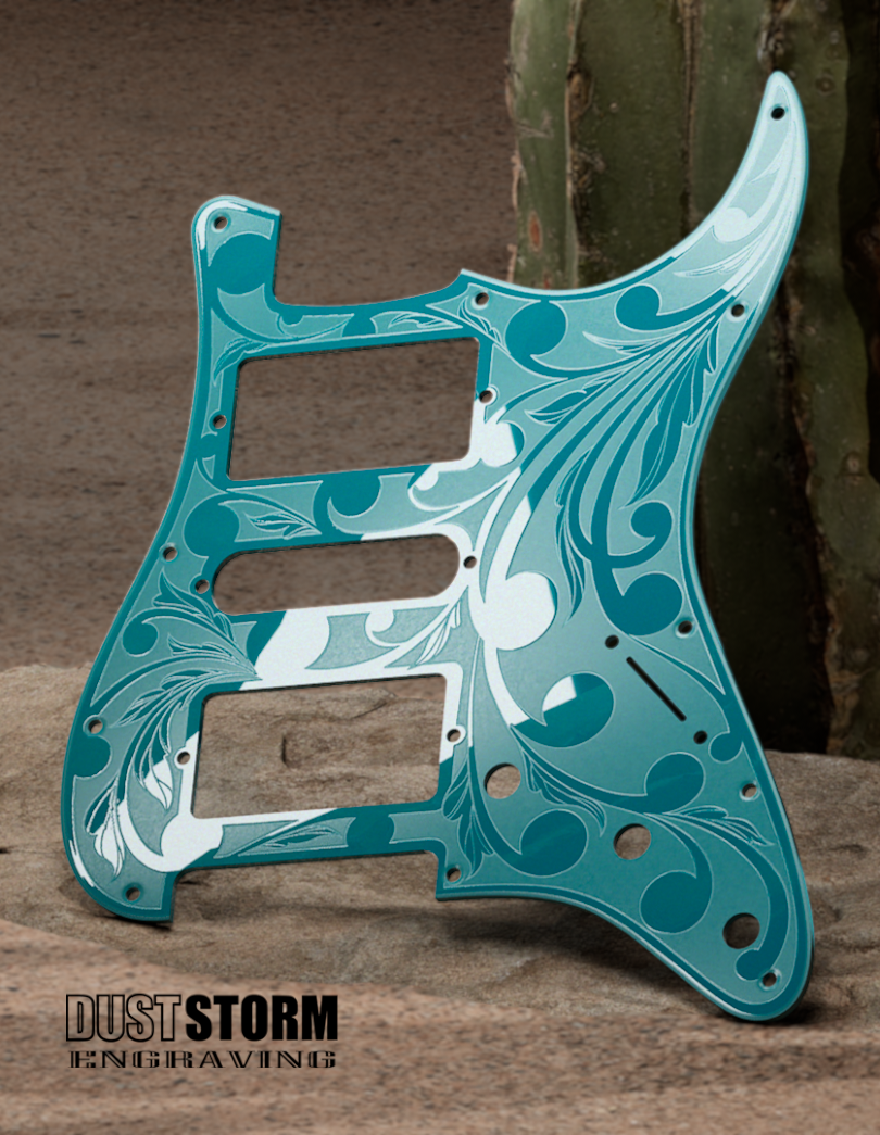 Engraved Pickguard & Free Tremolo Cover in Glossy Acrylic 10 Solid Color Choices Design #2 for Fender Stratocaster HSH, HSS, SSS Setups Available