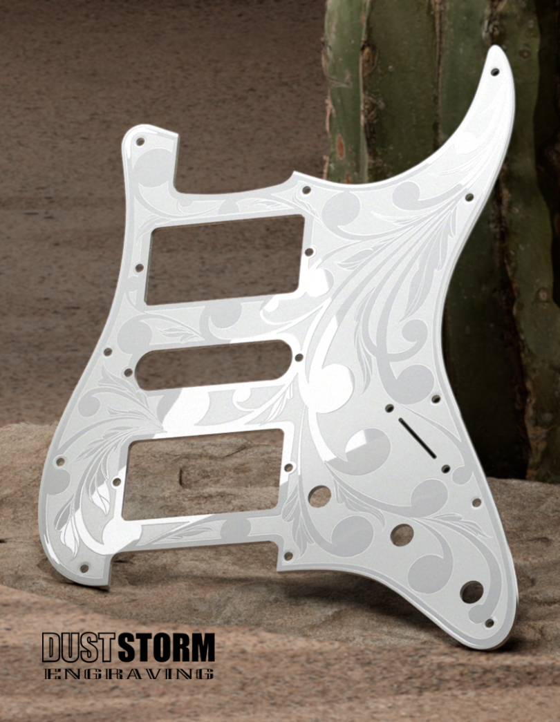 Engraved Pickguard & Free Tremolo Cover in Glossy Acrylic White Design #2 for Fender Stratocaster HSH, HSS, SSS Setups Available