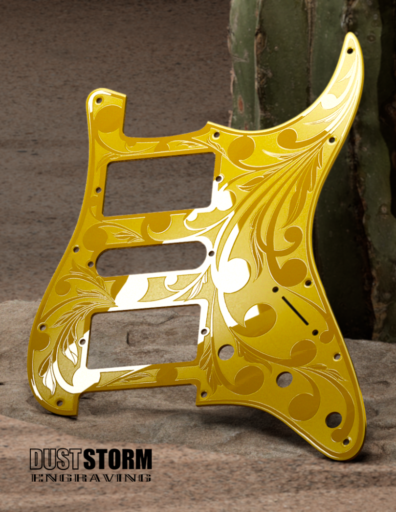 Engraved Pickguard & Free Tremolo Cover in Glossy Acrylic 10 Solid Color Choices Design #2 for Fender Stratocaster HSH, HSS, SSS Setups Available