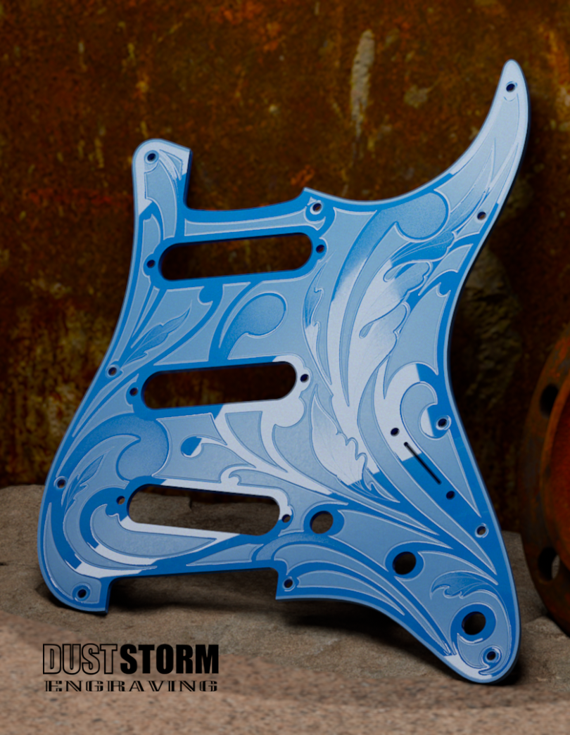 Custom Laser Engraved White Fender Strat Style Guitar Body with Glossy Sky-Blue Acrylic Pickguard and Tremolo Cover HSH, HSS, SSS Setups Available