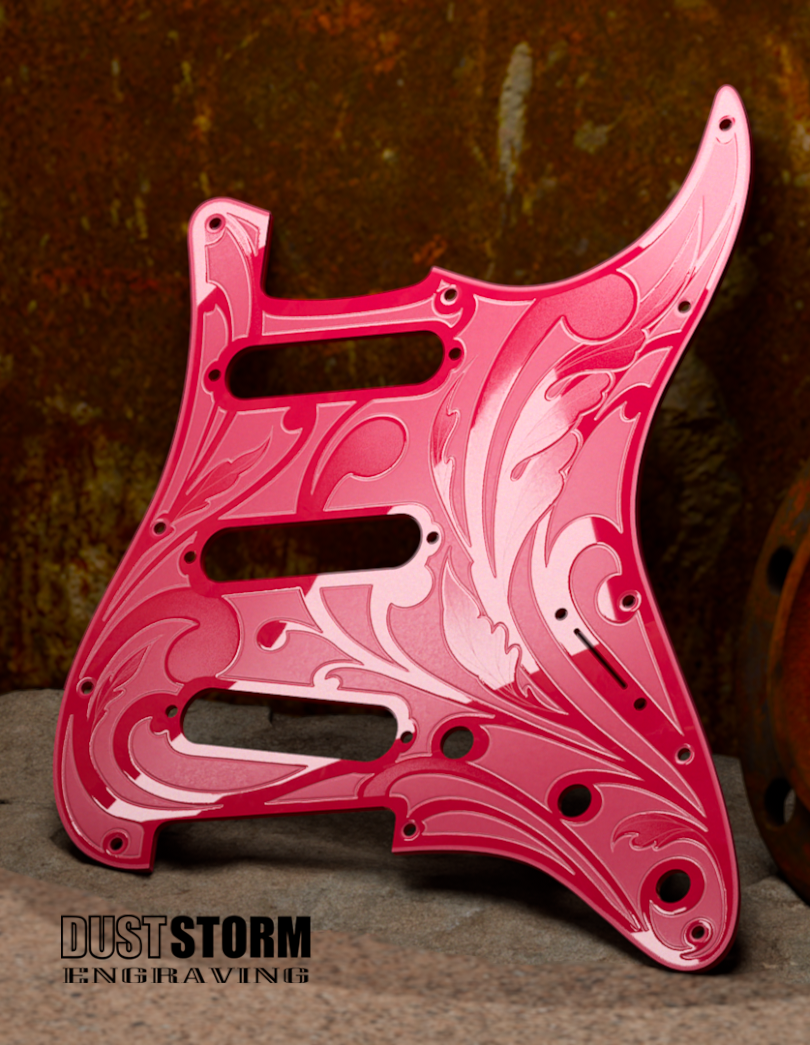 Custom Laser Engraved White Fender Strat Style Guitar Body with Glossy Hot Pink Acrylic Pickguard and Tremolo Cover HSH, HSS, SSS Setups Available