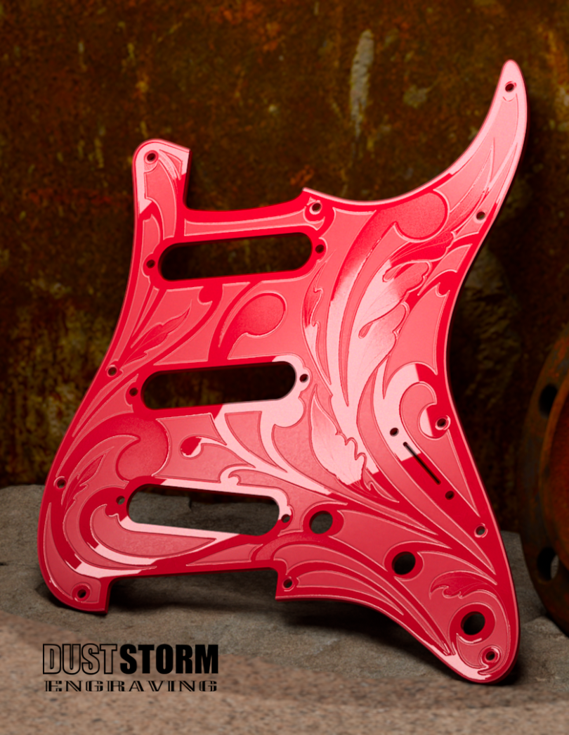 Engraved Pickguard & Free Tremolo Cover in Glossy Acrylic 10 Solid Color Choices Design #1 for Fender Stratocaster HSH, HSS, SSS Setups Available