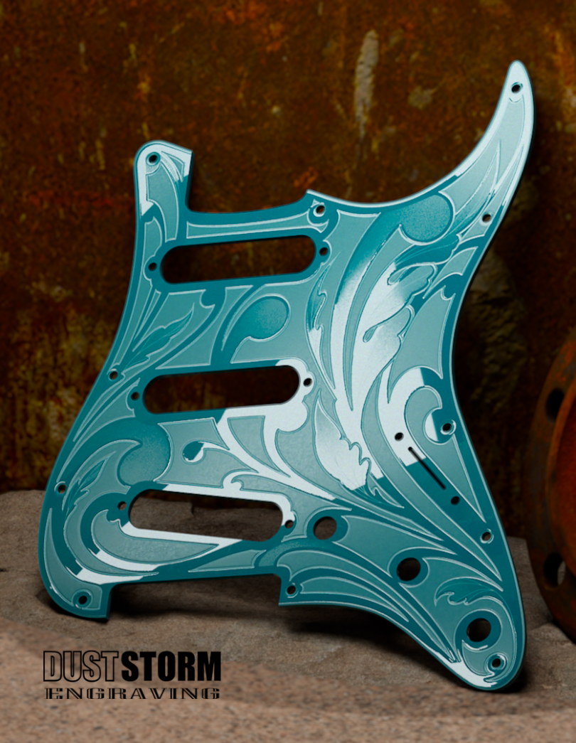 Engraved Pickguard & Free Tremolo Cover in Glossy Acrylic 10 Solid Color Choices Design #1 for Fender Stratocaster HSH, HSS, SSS Setups Available