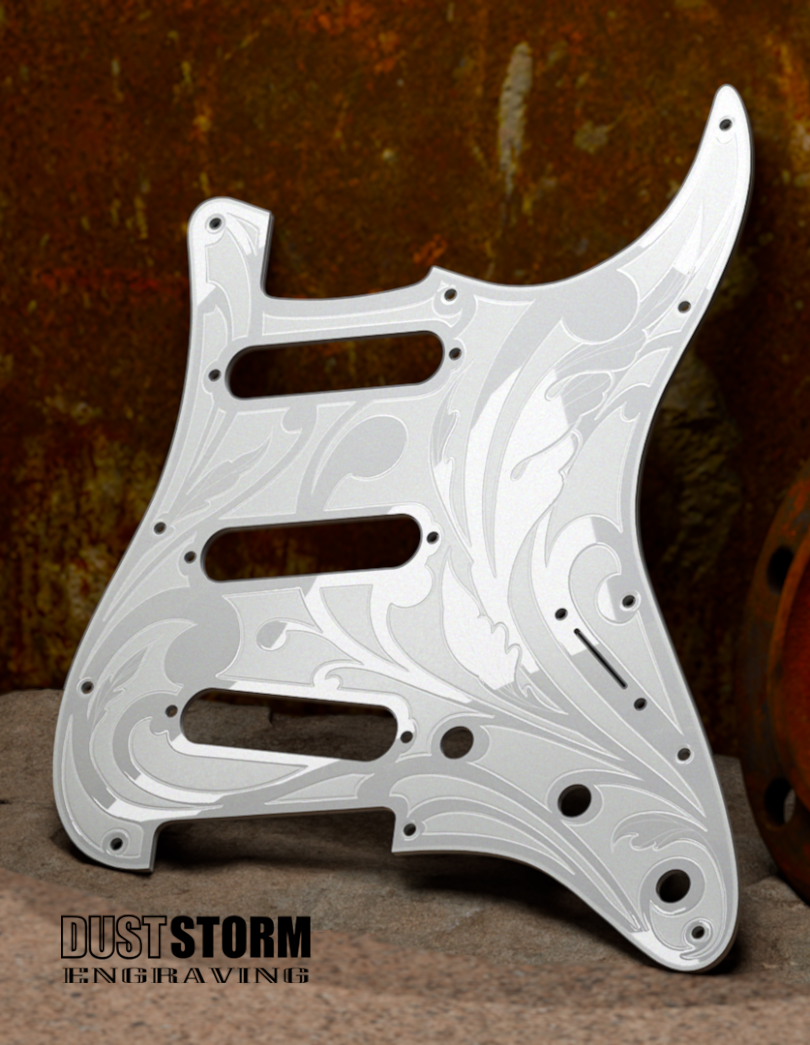 Glossy Black XGP Stratocaster Style Laser Engraved Guitar Body with Solid White Acrylic Pickguard and Tremolo Cover HSH, HSS, SSS Setups Available