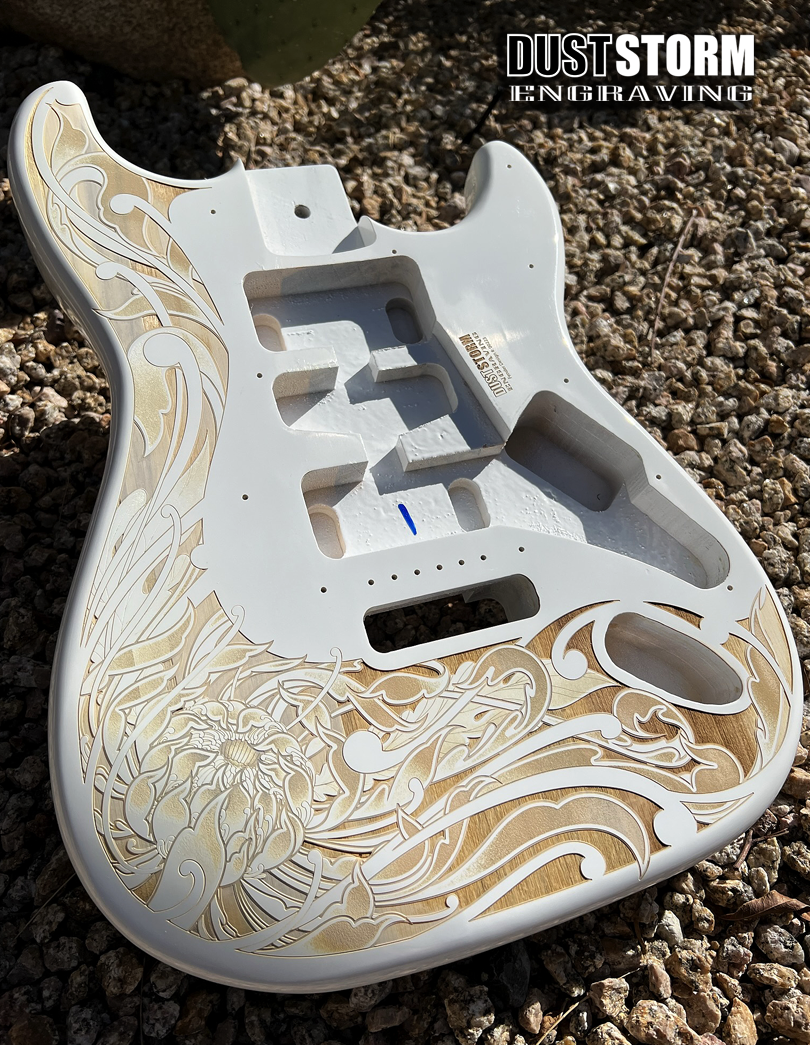 Custom Laser Engraved White Fender Strat Style Guitar Body with Copper Acrylic Mirror Pickguard and Tremolo Cover HSH, HSS, SSS Setups Available