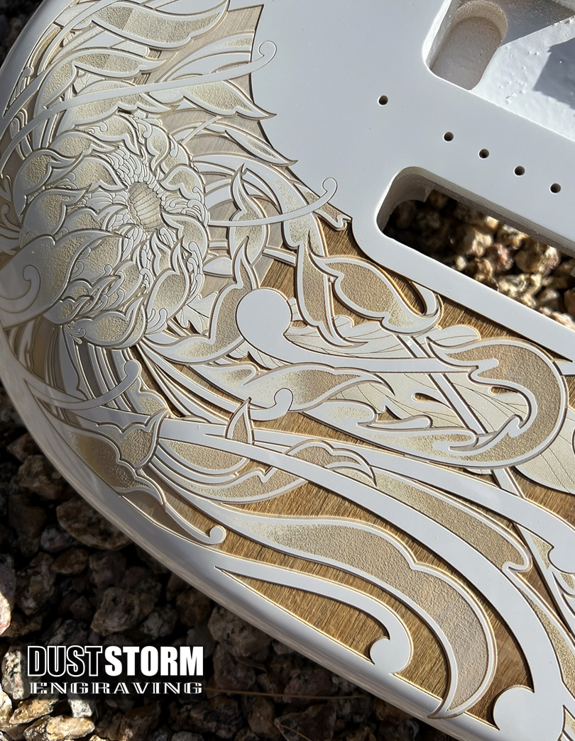 Custom Laser Engraved White Fender Strat Style Guitar Body with Copper Acrylic Mirror Pickguard and Tremolo Cover HSH, HSS, SSS Setups Available