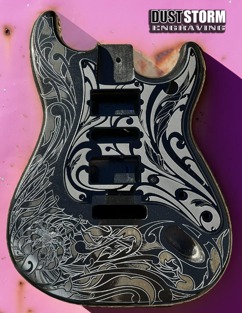 Engraved Pickguard & Free Tremolo Cover in Glossy Acrylic Black Design #1a for Fender Stratocaster HSH, HSS, SSS Setups Available