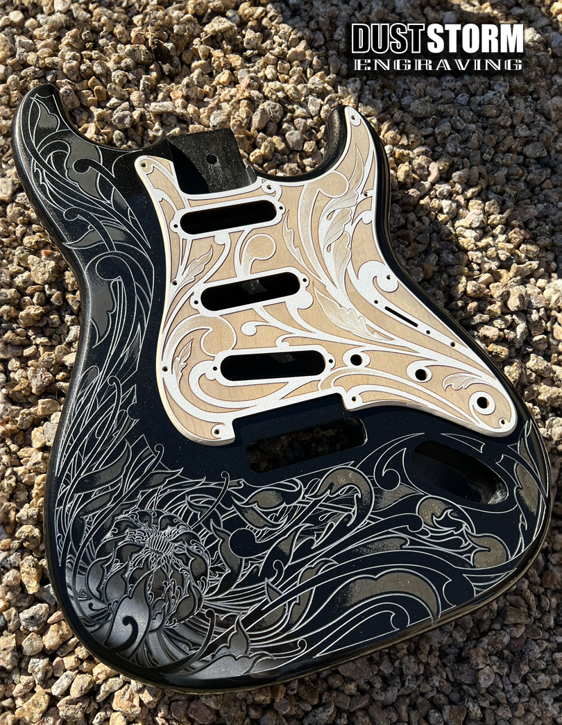 Engraved Pickguard & Free Tremolo Cover in Cherry Wood Veneer Design #1 for Fender Stratocaster SSS, HSS, HSH Setups Available