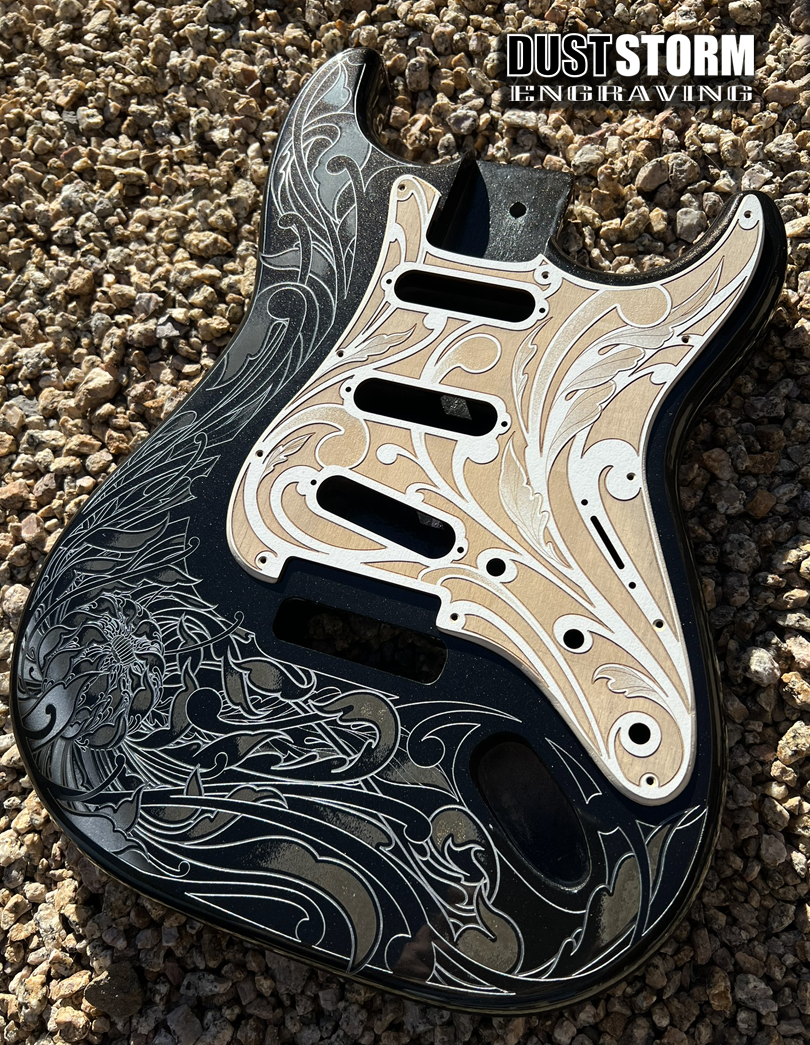 Engraved Pickguard & Free Tremolo Cover in Cherry Wood Veneer Design #1 for Fender Stratocaster SSS, HSS, HSH Setups Available