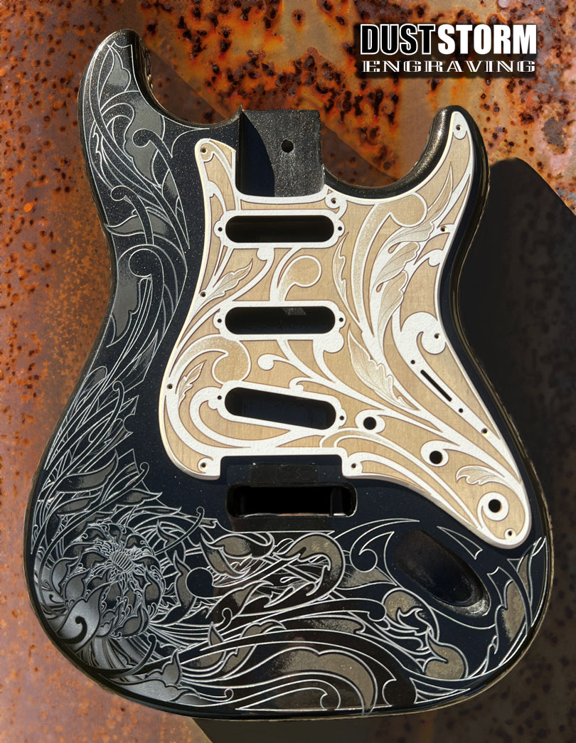 Engraved Pickguard & Free Tremolo Cover in Cherry Wood Veneer Design #1 for Fender Stratocaster SSS, HSS, HSH Setups Available