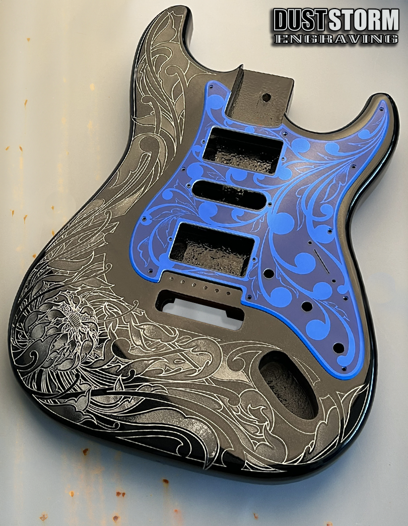 Engraved Pickguard & Free Tremolo Cover in Royal Blue Acrylic Mirror Design #2 for Fender Stratocaster SSS, HSS, HSH Setups Available
