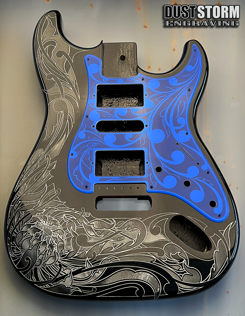 Engraved Pickguard & Free Tremolo Cover in Royal Blue Acrylic Mirror Design #2 for Fender Stratocaster SSS, HSS, HSH Setups Available