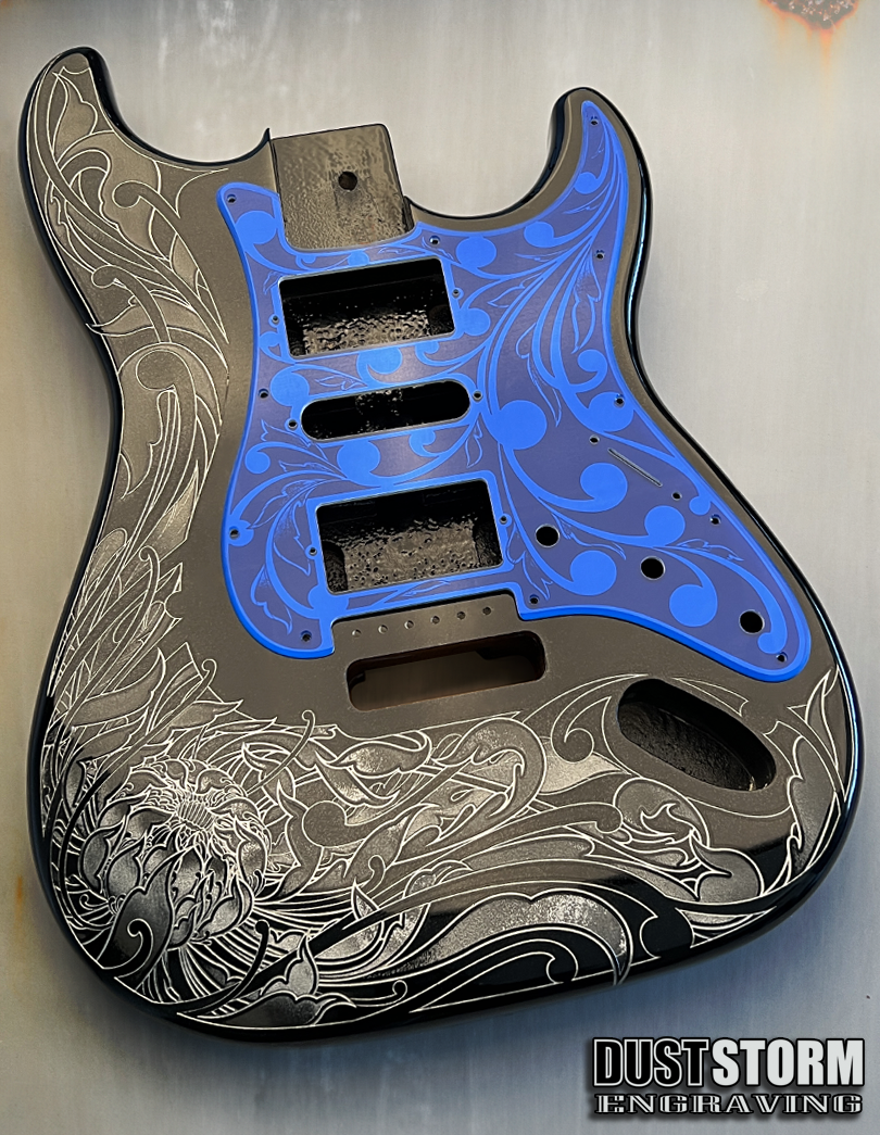 Engraved Pickguard & Free Tremolo Cover in Royal Blue Acrylic Mirror Design #2 for Fender Stratocaster SSS, HSS, HSH Setups Available