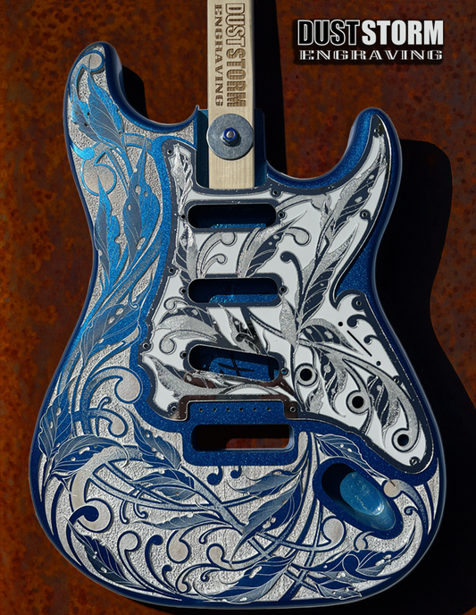 Custom Laser Engraved Blue Sparkle Fender Strat Style Guitar Body with Silver Acrylic Mirror Pickguard and White Tremolo Cover HSH, HSS, SSS Setups Available