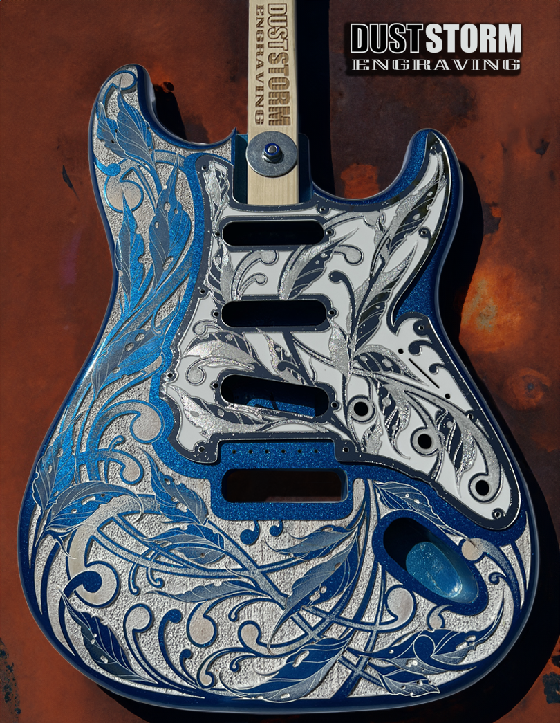 Custom Laser Engraved Blue Sparkle Fender Strat Style Guitar Body with Silver Acrylic Mirror Pickguard and White Tremolo Cover HSH, HSS, SSS Setups Available