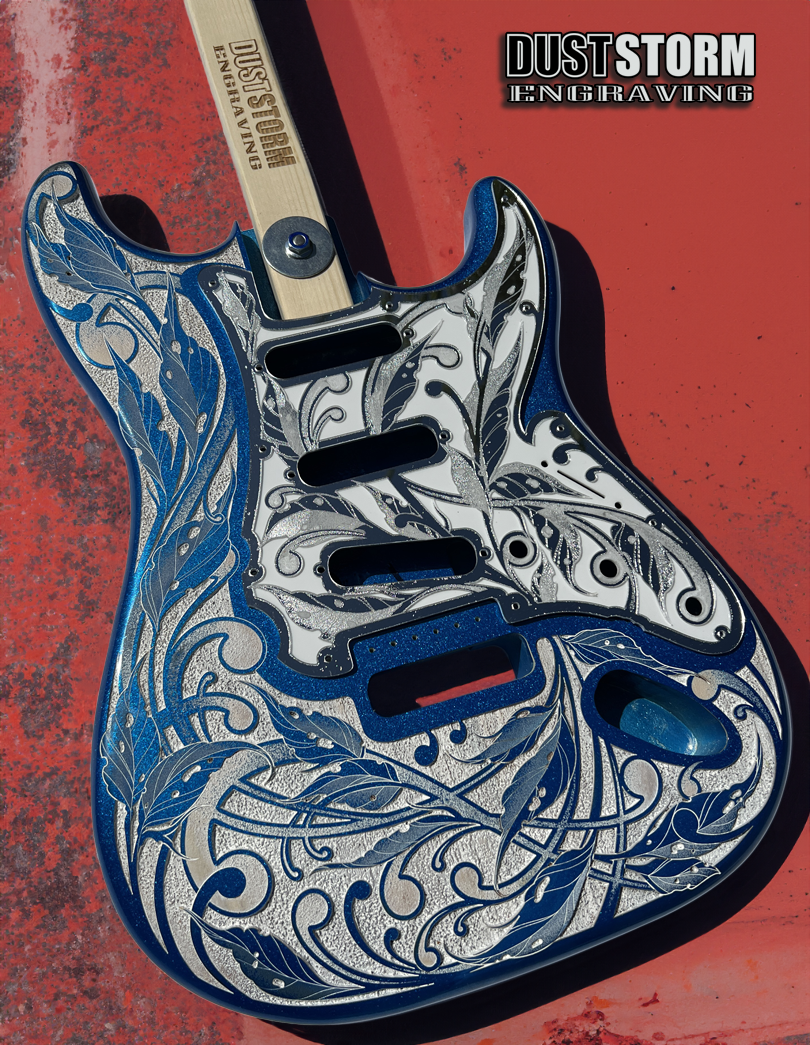 Custom Laser Engraved Blue Sparkle Fender Strat Style Guitar Body with Silver Acrylic Mirror Pickguard and White Tremolo Cover HSH, HSS, SSS Setups Available