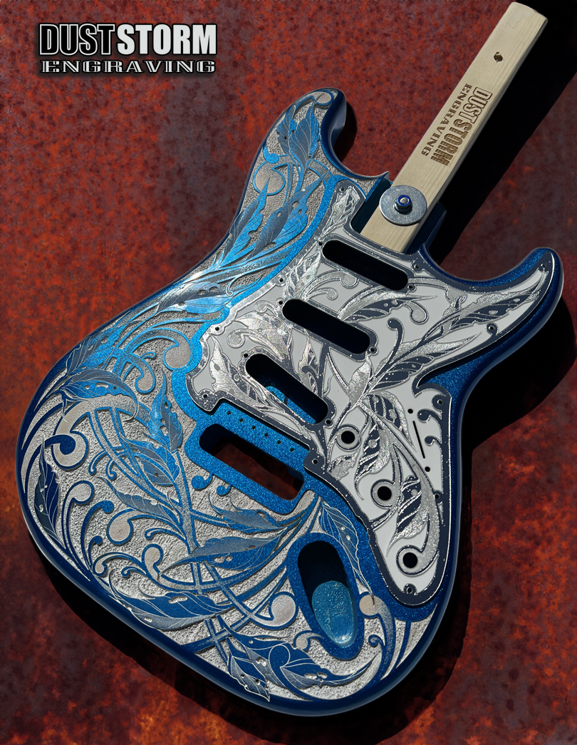 Custom Laser Engraved Blue Sparkle Fender Strat Style Guitar Body with Silver Acrylic Mirror Pickguard and White Tremolo Cover HSH, HSS, SSS Setups Available