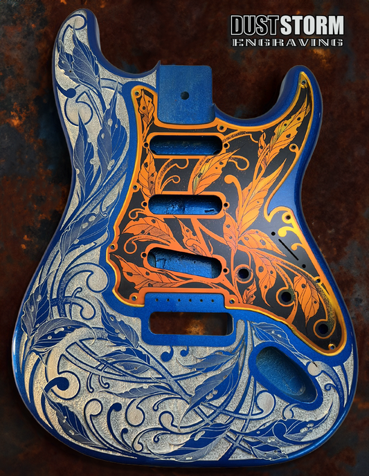 Custom Laser Engraved Blue Sparkle Fender Strat Style Guitar Body with Iridescent Gold Acrylic Mirror Pickguard and White Tremolo Cover HSH, HSS, SSS Setups Available