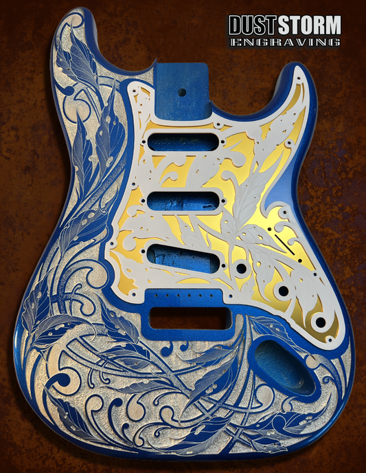 Custom Laser Engraved Blue Sparkle Fender Strat Style Guitar Body with White and Gold Layered Pickguard with White Tremolo Cover HSH, HSS, SSS Setups Available
