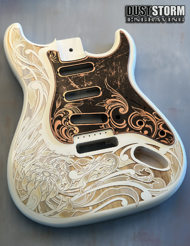 Custom Laser Engraved White Fender Strat Style Guitar Body with Copper Acrylic Mirror Pickguard and Tremolo Cover HSH, HSS, SSS Setups Available