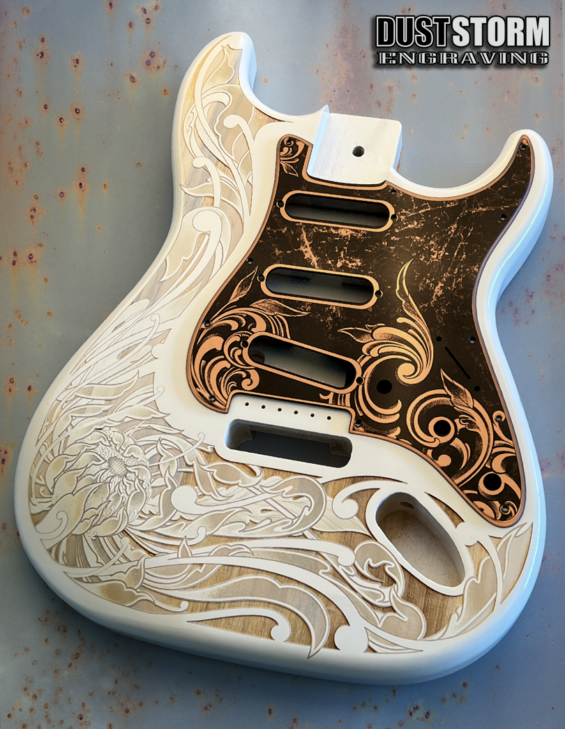 Custom Laser Engraved White Fender Strat Style Guitar Body with Copper Acrylic Mirror Pickguard and Tremolo Cover HSH, HSS, SSS Setups Available