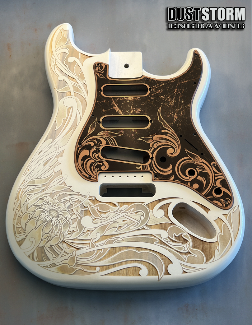 Custom Laser Engraved White Fender Strat Style Guitar Body with Copper Acrylic Mirror Pickguard and Tremolo Cover HSH, HSS, SSS Setups Available