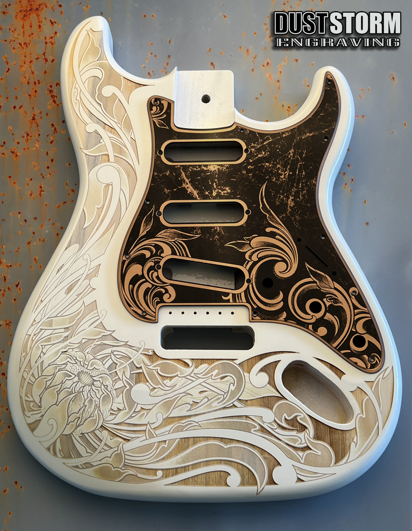 Engraved Pickguard & Free Tremolo Cover in Copper Acrylic Mirror Design #4 for Fender Stratocaster SSS, HSS, HSH Setups Available
