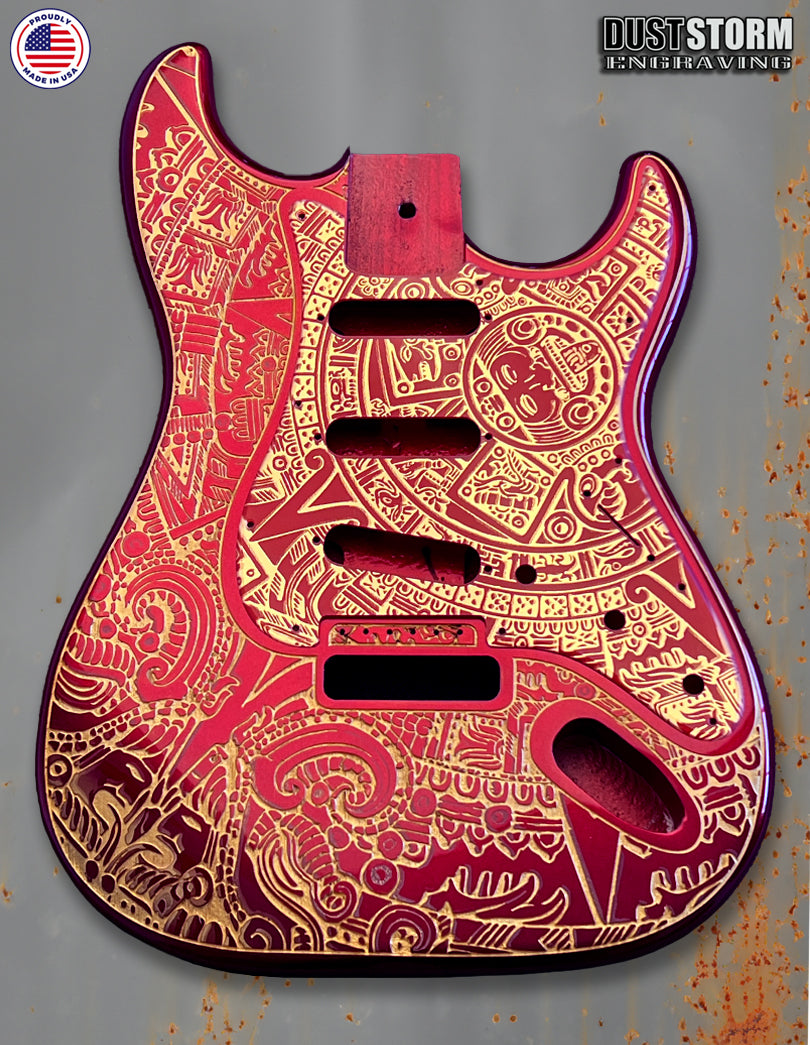 Mayan Calendar Engraved Fender Strat Style Guitar Body Sparkle Red with Pickguard and Tremolo Cover Gold Acrylic Mirror HSH, HSS, SSS Setups Available