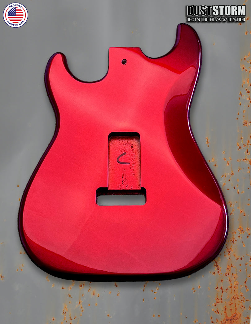 Mayan Calendar Engraved Fender Strat Style Guitar Body Sparkle Red with Pickguard and Tremolo Cover Gold Acrylic Mirror HSH, HSS, SSS Setups Available