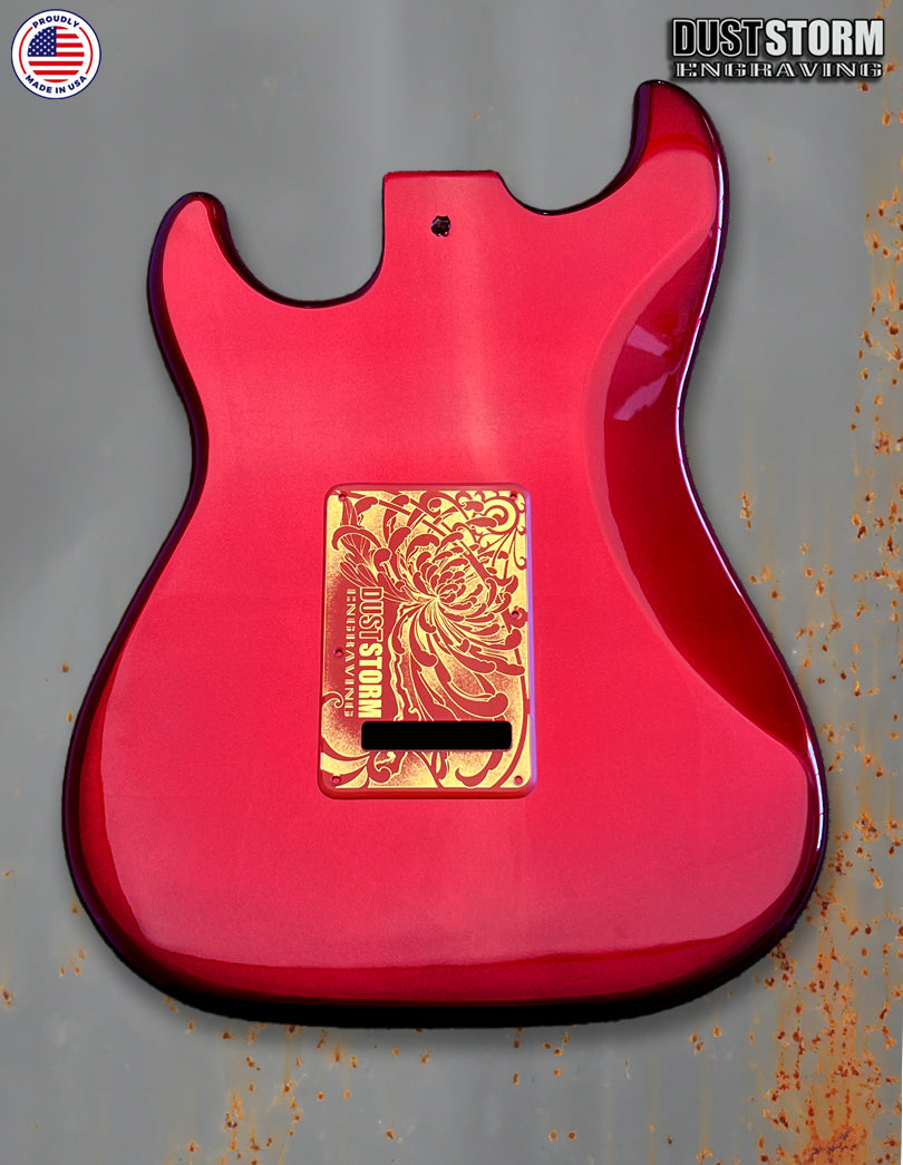 Mayan Calendar Engraved Fender Strat Style Guitar Body Sparkle Red with Pickguard and Tremolo Cover Gold Acrylic Mirror HSH, HSS, SSS Setups Available
