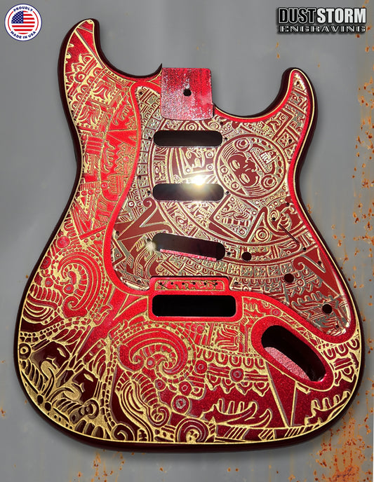 Mayan Calendar Engraved Fender Strat Style Guitar Body Sparkle Red with Pickguard and Tremolo Cover Gold Acrylic Mirror HSH, HSS, SSS Setups Available