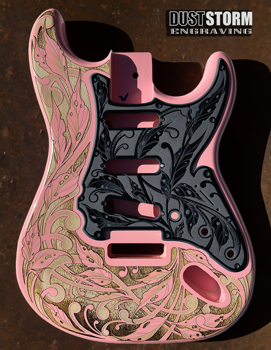 Custom Laser Engraved Pink Fender Strat Style Guitar Body with Glossy Black Acrylic Pickguard and Tremolo Cover HSH, HSS, SSS Setups Available