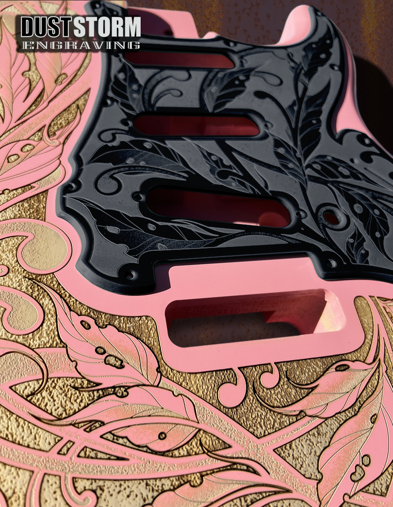 Custom Laser Engraved Pink Fender Strat Style Guitar Body with Glossy Black Acrylic Pickguard and Tremolo Cover HSH, HSS, SSS Setups Available