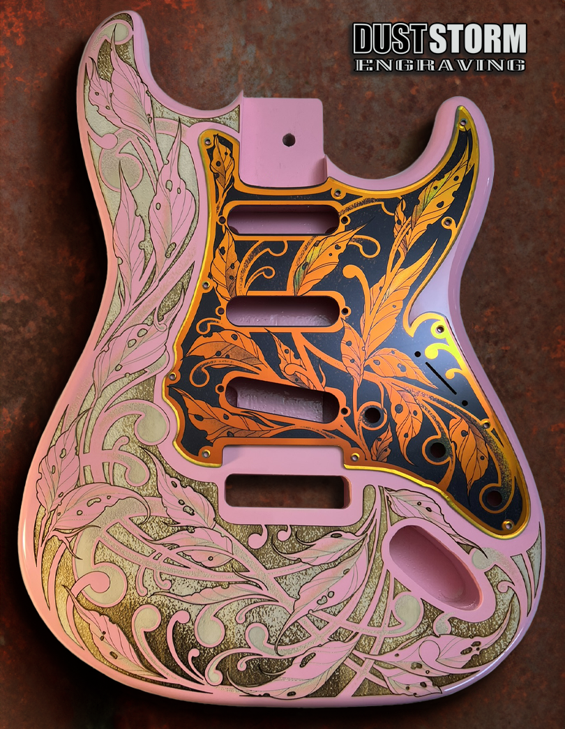 Custom Laser Engraved Pink Fender Strat Style Guitar Body with Iridescent Gold Acrylic Mirror Pickguard and Tremolo Cover HSH, HSS, SSS Setups Available