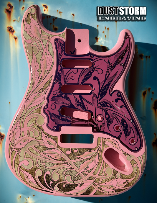 Custom Laser Engraved Pink Fender Strat Style Guitar Body with Pink Acrylic Mirror Pickguard and Tremolo Cover HSH, HSS, SSS Setups Available