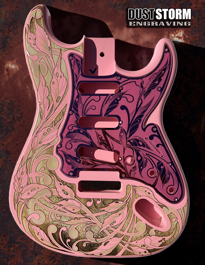 Custom Laser Engraved Pink Fender Strat Style Guitar Body with Pink Acrylic Mirror Pickguard and Tremolo Cover HSH, HSS, SSS Setups Available