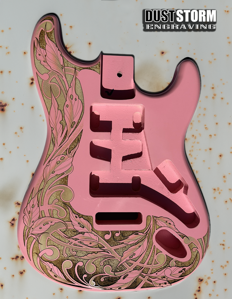 Custom Laser Engraved Pink Fender Strat Style Guitar Body with Copper Acrylic Mirror Pickguard and Tremolo Cover HSH, HSS, SSS Setups Available