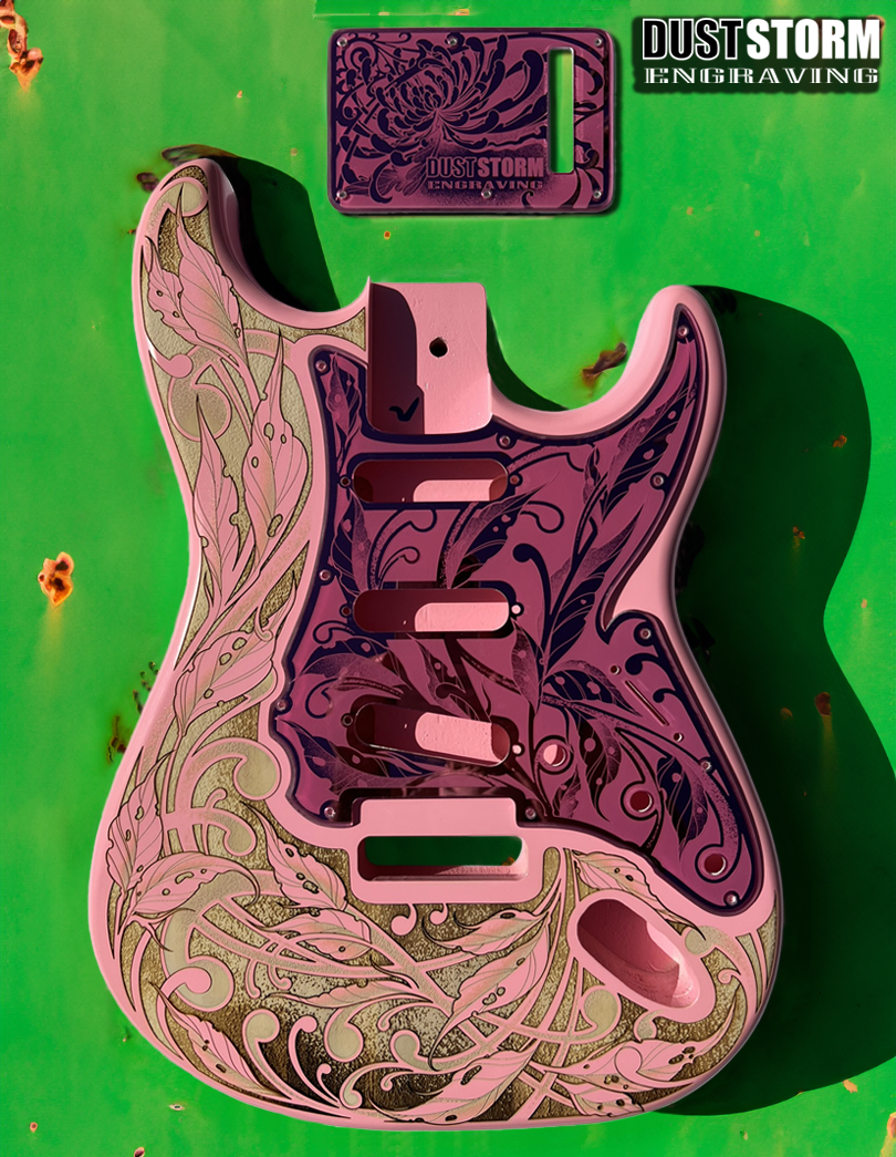 Custom Laser Engraved Pink Fender Strat Style Guitar Body with Pink Acrylic Mirror Pickguard and Tremolo Cover HSH, HSS, SSS Setups Available