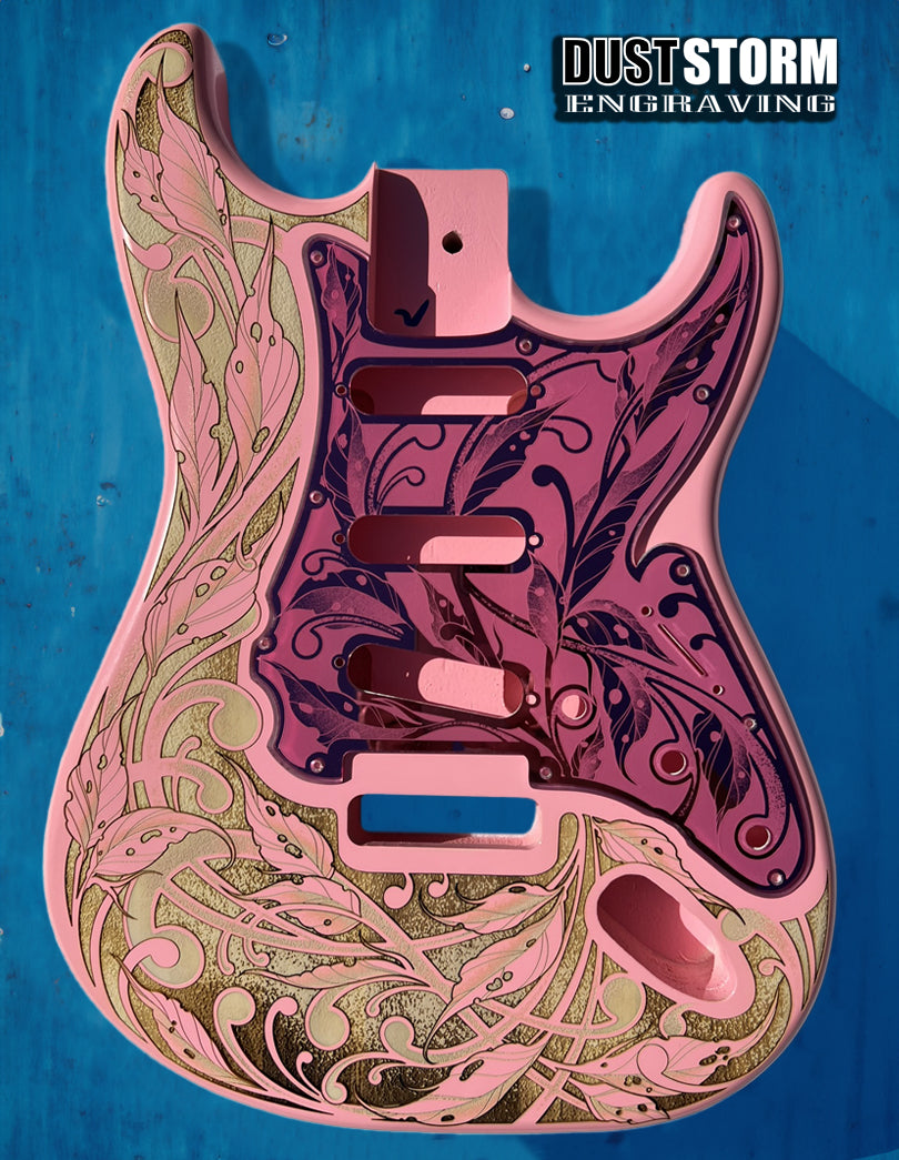 Custom Laser Engraved Pink Fender Strat Style Guitar Body with Pink Acrylic Mirror Pickguard and Tremolo Cover HSH, HSS, SSS Setups Available